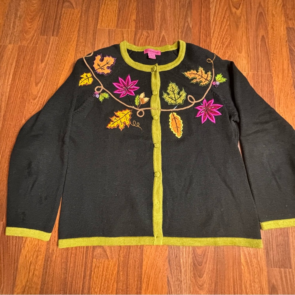 Bobbie Bell Embellished Cardigan Sweater Womens L Black Green Autumn Fall Leaves